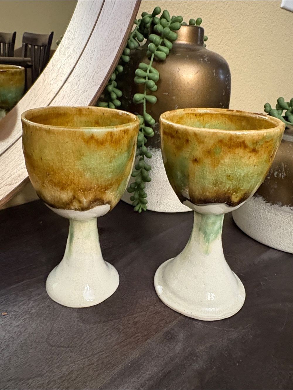 Handmade Glazed Ceramic Goblets in Green and Brown